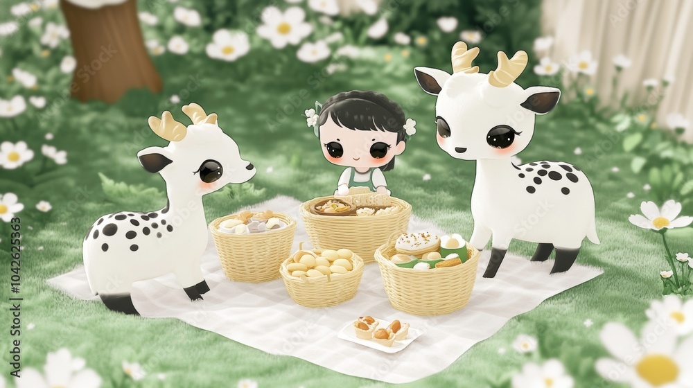 Naklejka premium Cute Cartoon Deer and Girl Enjoying Picnic with Snacks in Nature
