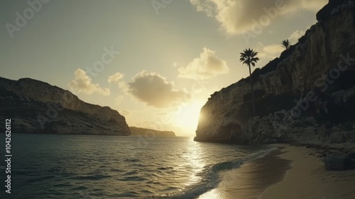 Golden Sunset Over Coastal Cliffs with Palm Tree and Beach