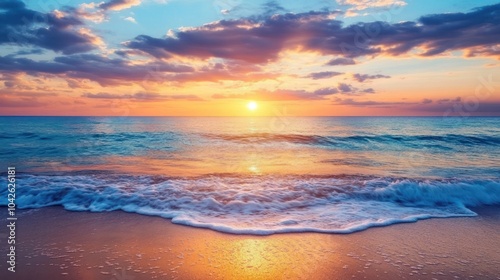 A serene beach at sunset, with gentle waves and colorful sky reflecting on the water.