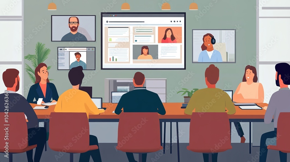 Virtual meetings discussing recovery plans after a pandemic. Virtual meetings discussing recovery plans after a pandemic.