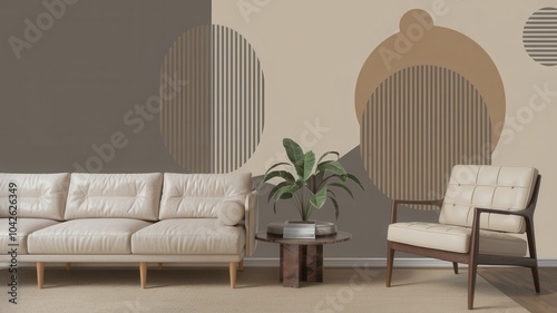 Modern Living Room with Beige Sofa, Wooden Armchair, and Decorative Art