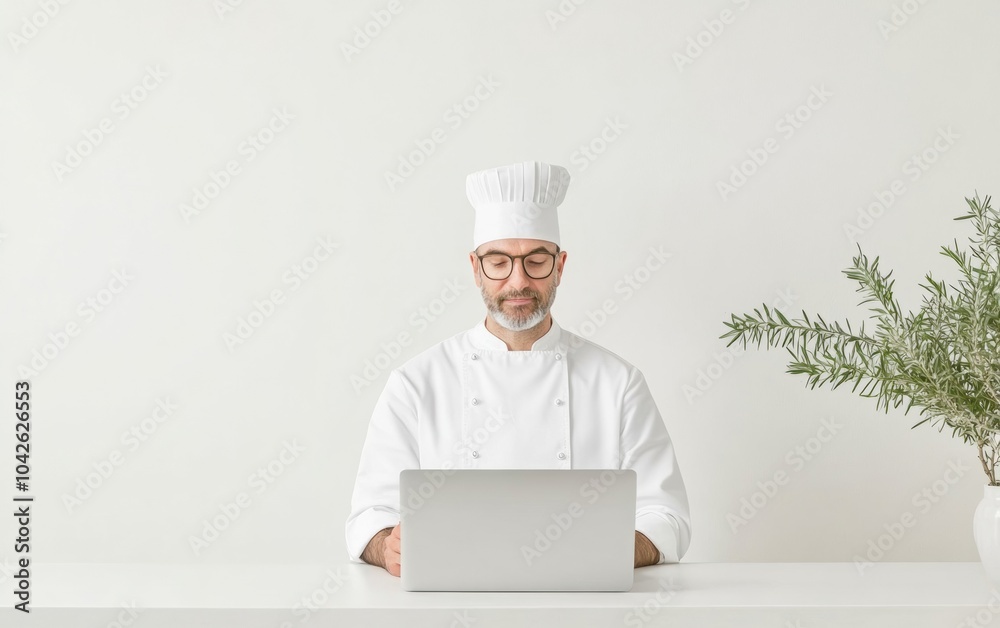 Chef Engaged in Culinary Workshop on Laptop in Minimalistic Kitchen Chef Engaged in Culinary Workshop on Laptop in Minimalistic Kitchen