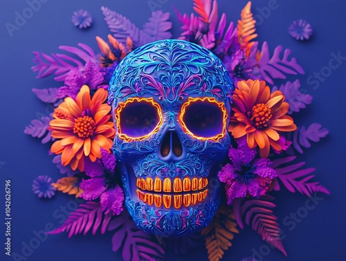 Vibrant blue skull surrounded by colorful flowers and foliage, showcasing a blend of art and culture in stunning detail.