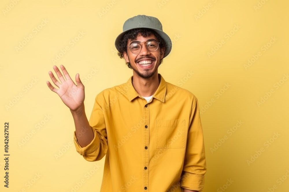 Young indian man over yellow wall saluting with hand with happy expression Young indian man over yellow wall saluting with hand with happy expression