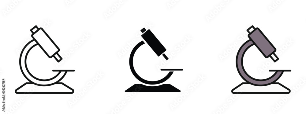 Fototapeta premium Three different microscope icons in outline, silhouette and editable color icon with an unexpanded vector inside, editable microscope icon