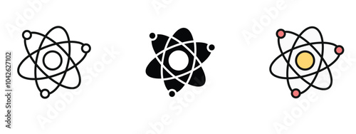 Atom icon, set of atom icons with electrons revolving nucleus in outline, silhouette and editable color icon with an unexpanded vector inside,