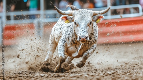 White and Black Spotted Bull Running in Arena with Dust photo