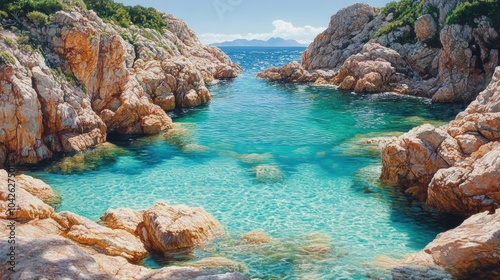 Tranquil turquoise waters flow through a narrow channel between rocky cliffs on a sunny day.