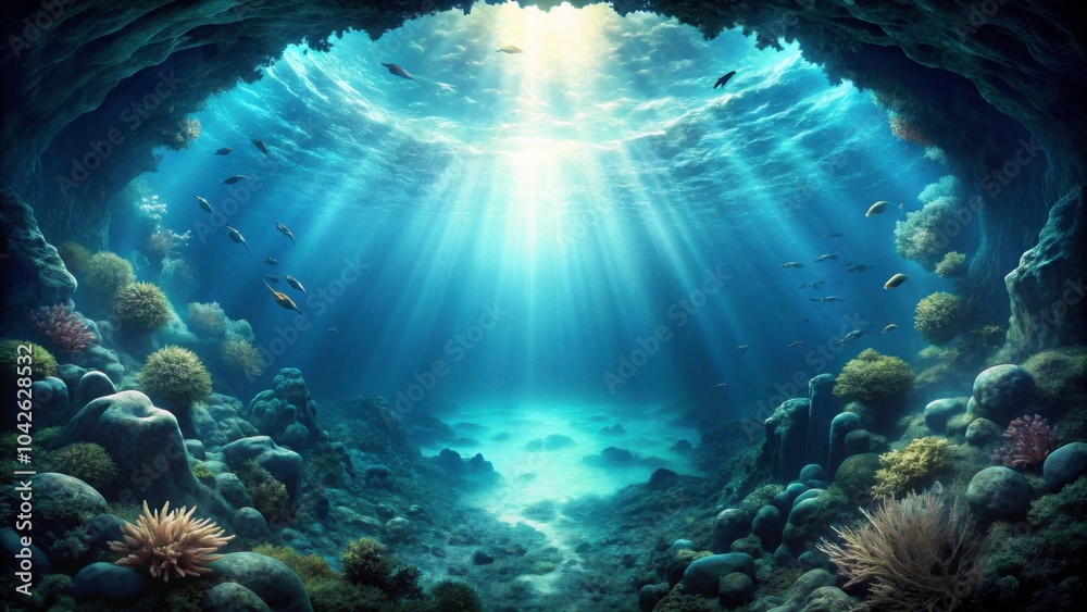 Fototapeta premium Mysterious, dark ocean abyss filled with unknown creatures and secrets, mystique, ocean, abyss, deep sea, darkness