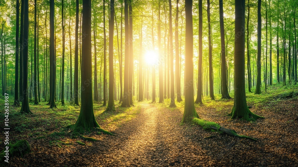 Obraz premium A serene forest scene with sunlight filtering through trees, creating a peaceful atmosphere.