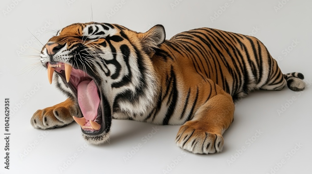 Obraz premium Yawning Tiger with Sharp Teeth and Stripes on White Background