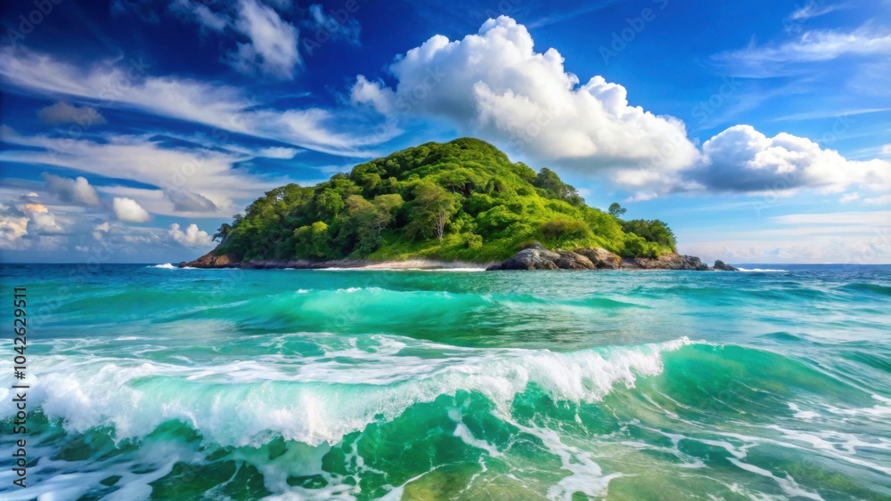 Fototapeta premium Beautiful sea surface background with waves, texture, and a tropical island in Phuket, Thailand , seascape, ocean, water