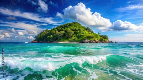 Beautiful sea surface background with waves, texture, and a tropical island in Phuket, Thailand , seascape, ocean, water