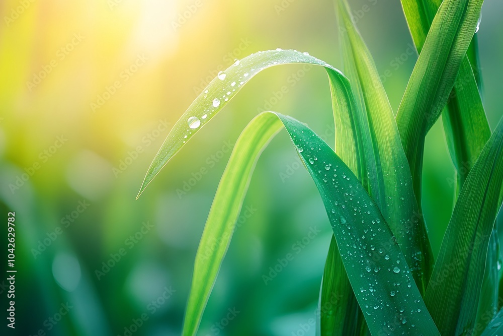 Obraz premium Close Up of Dew Drops on Green Grass Blades