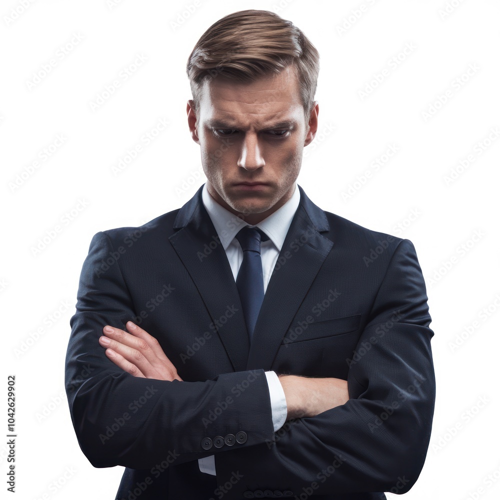 Confident business woman in suit with arms crossed against a clean white background Confident business woman in suit with arms crossed against a clean white background
