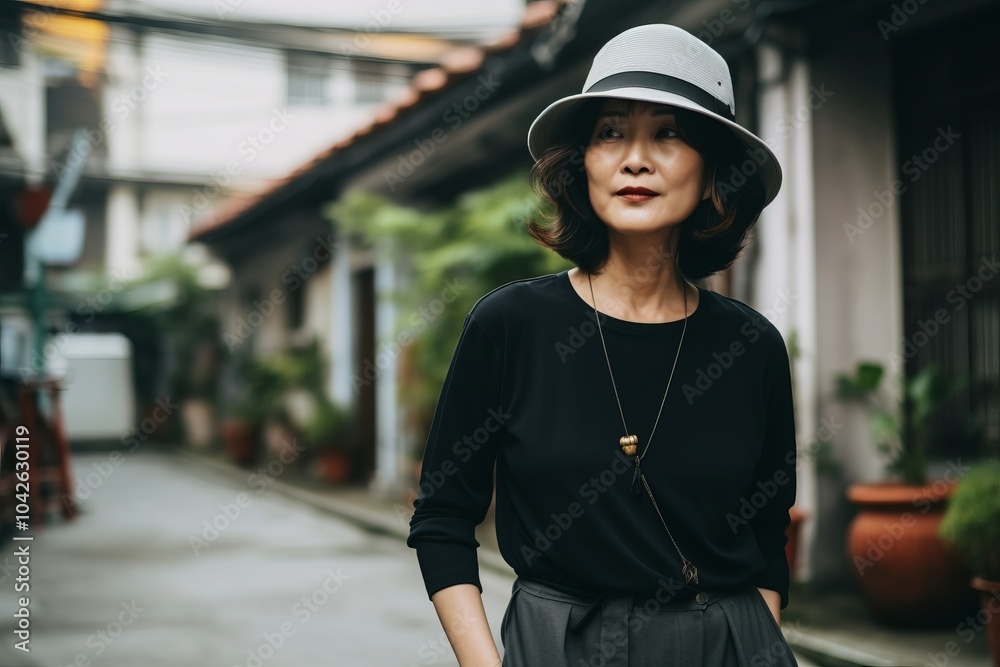 beautiful asian woman wearing hat walking in the city. vintage tone beautiful asian woman wearing hat walking in the city. vintage tone