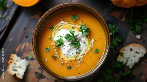 Savory Pumpkin and Carrot Soup with Cream and Parsley