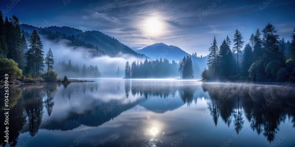Mysterious misty lake at night with moonlight reflecting on calm water, surrounded by foggy mountains and forest, mysterious Mysterious misty lake at night with moonlight reflecting on calm water, surrounded by foggy mountains and forest, mysterious