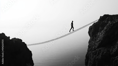 Walking on the slackline. Challenge in life. Represent life difficulty, risk and uncertainty.