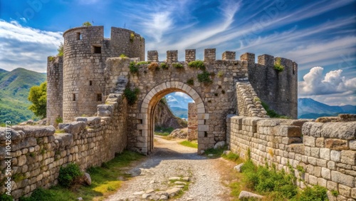 Medieval Rosafa Fortress entrance in Skadar, Albania , medieval, fortress, entrance, architecture, stone walls, historical photo