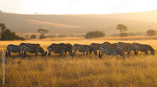 Herd of zebras grazing peacefully in the golden African savanna at sunset, their black-and-white stripes contrasting with tall grasses, with distant trees silhouetted against the vibrant horizon