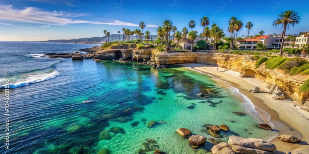 Scenic view of La Jolla Cove Beach with crystal clear waters and rocky cliffs, La Jolla Cove, beach, San Diego Scenic view of La Jolla Cove Beach with crystal clear waters and rocky cliffs, La Jolla Cove, beach, San Diego