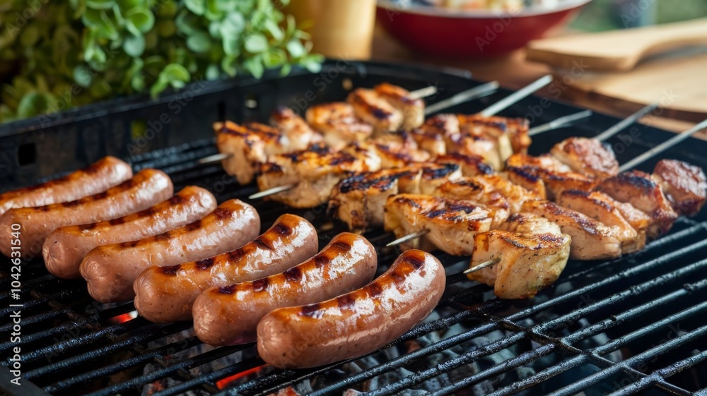 Sizzling Sausages and Juicy Chicken Kebabs Cooking on the BBQ Grill Sizzling Sausages and Juicy Chicken Kebabs Cooking on the BBQ Grill