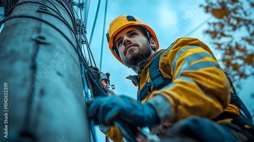 electrician working on a power pole, surrounded by tools, with a clear sky in the background