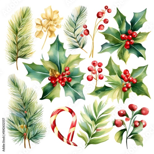 Festive watercolor Christmas elements featuring holly, pine, and candy cane in a vibrant seasonal collection. Generative AI