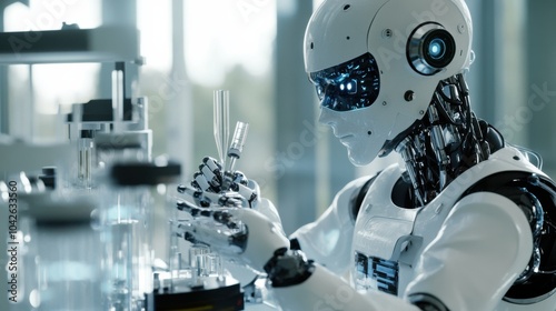 An advanced humanoid robot scientist, conducting experiments in a laboratory with precision and scientific rigor, Laboratory scientist robot style