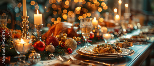 Joyful holiday gathering with a beautifully set table adorned with festive decorations, candles, and delicious food during the Christmas celebration