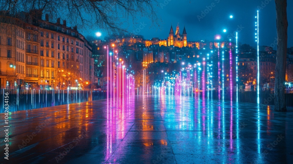Fototapeta premium Lyon city illuminated by a night light festival, featuring grand light shows and artistic installations that turn the urban landscape into a radiant masterpiece.