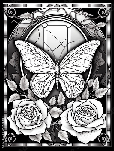  Stained glass-style, black-and-white butterfly with rose pattern, line art, vector design, on a metallic background