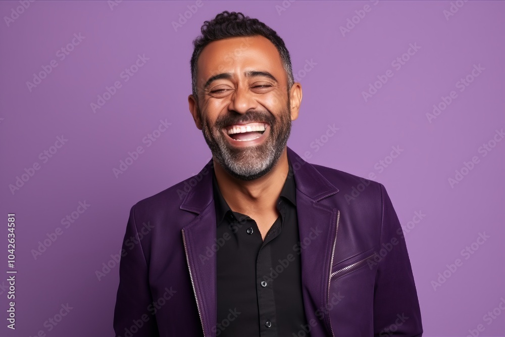 Portrait of happy indian man laughing and looking at camera against purple background Portrait of happy indian man laughing and looking at camera against purple background