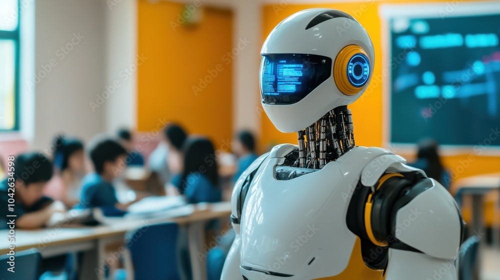 An advanced humanoid robot teacher, educating students with interactive lessons and AI-driven tutoring, Teacher robot style An advanced humanoid robot teacher, educating students with interactive lessons and AI-driven tutoring, Teacher robot style