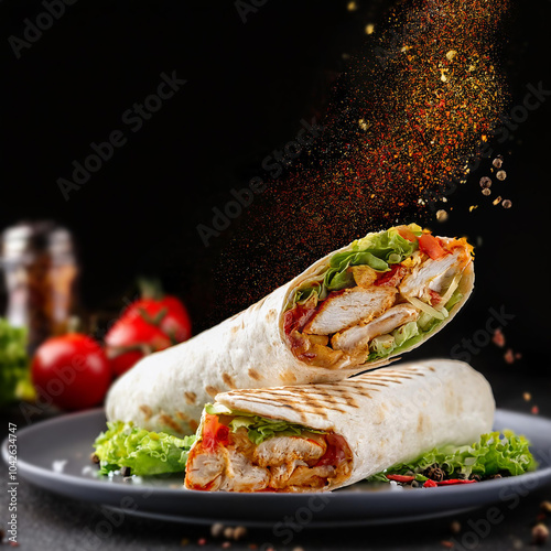 Dois wraps de frango com vegetais coloridos, temperados perfeitamente e apresentados com pimentas ao redor para um visual apetitoso. photo