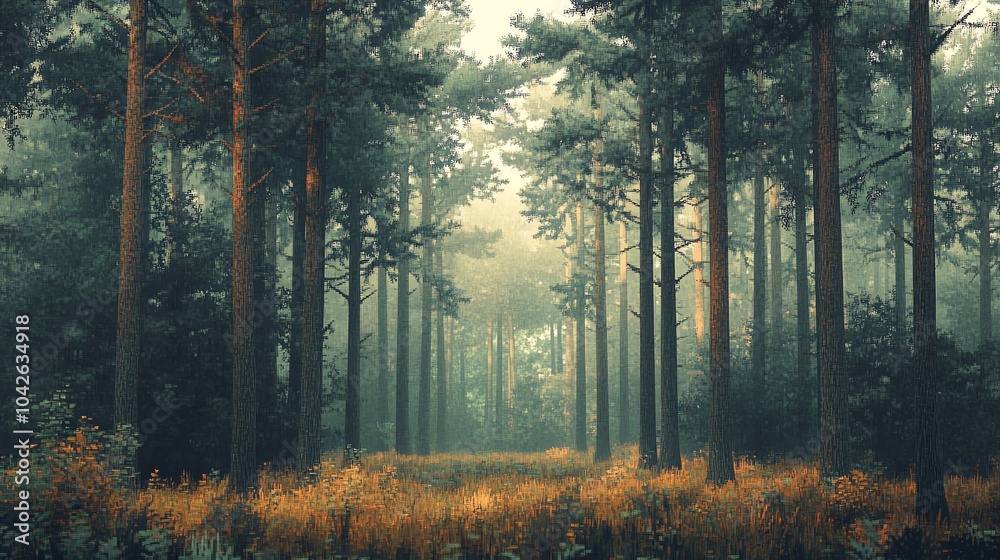 Naklejka premium Misty forest landscape with tall pine trees