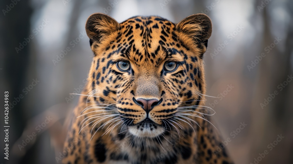 Close-up of a majestic leopard with striking features and intense gaze. Close-up of a majestic leopard with striking features and intense gaze.