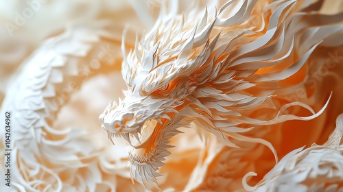 Mythical white dragon on vibrant background.