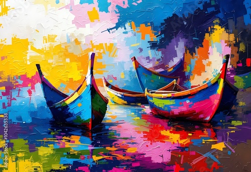 Original Oil Painting on canvas. Boats by a dock. Fine art.Modern Impressionism.
