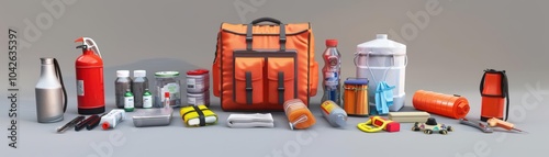 Create captivating 3D models of disaster preparedness kits, featuring essential supplies and equipment