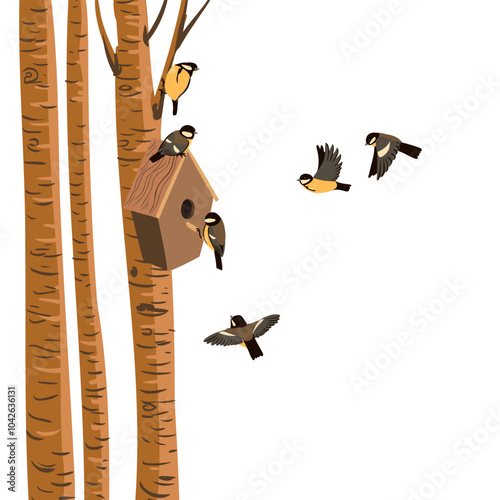 vector drawing wooden birdhouse at tree and flying birds, nesting box and great tits at white background, spring composition, hand drawn vector illustration