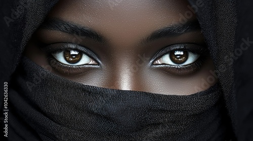 Scary and creepy female eyes, face covered by mask or scarf