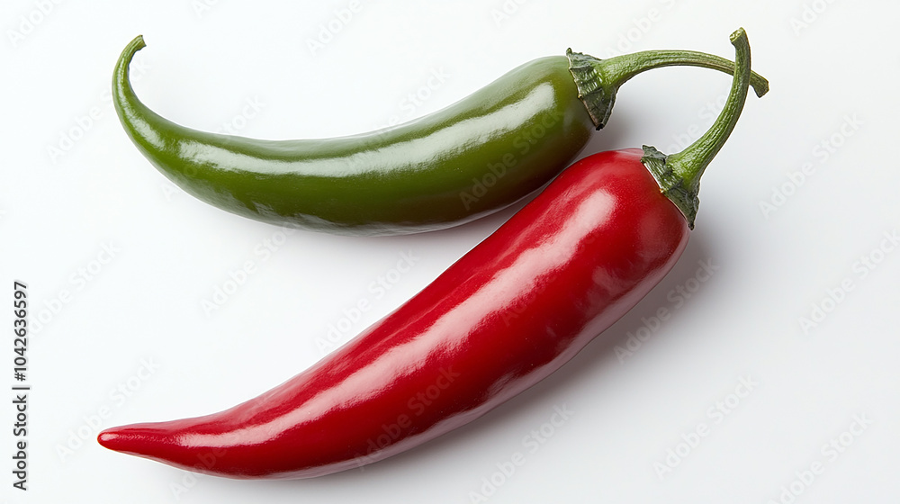 The vibrant green and red peppers stood out beautifully against the crisp white background. The vibrant green and red peppers stood out beautifully against the crisp white background.