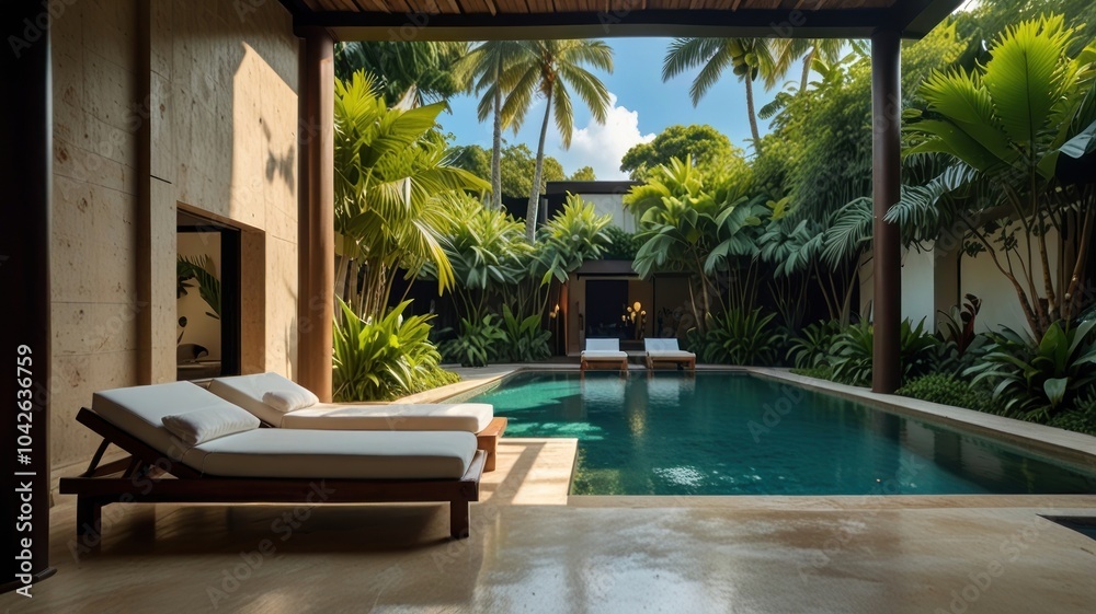 A luxurious, modern villa with a swimming pool and lush tropical gardens. A luxurious, modern villa with a swimming pool and lush tropical gardens.