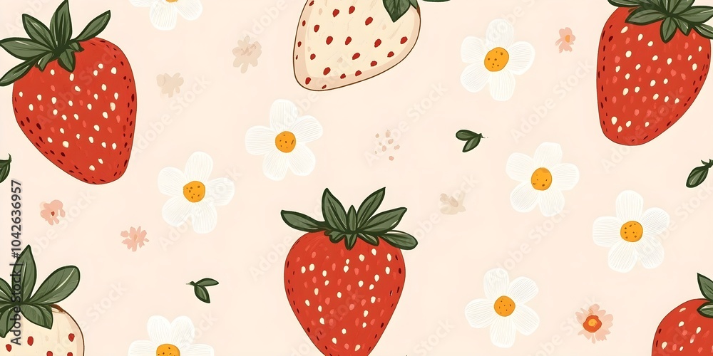 Seamless pattern with cute Strawberry and flower illustrations,a simple design for baby room decor and nursery decoration.Strawberry illustrations for nursery decor Seamless pattern with cute Strawberry and flower illustrations,a simple design for baby room decor and nursery decoration.Strawberry illustrations for nursery decor