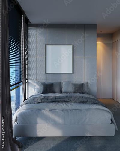 poster mockup in bedroom interior background. modern scandinavian style. 3d Rendering	