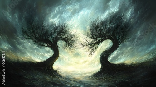 Two Twisted Trees Under a Whirlwind Sky