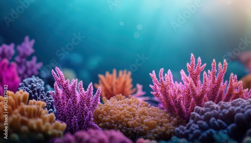 Vibrant coral reef scene showcasing colorful corals in a clear blue ocean. Sunlight filters through the water, creating a serene underwater atmosphere filled with life.