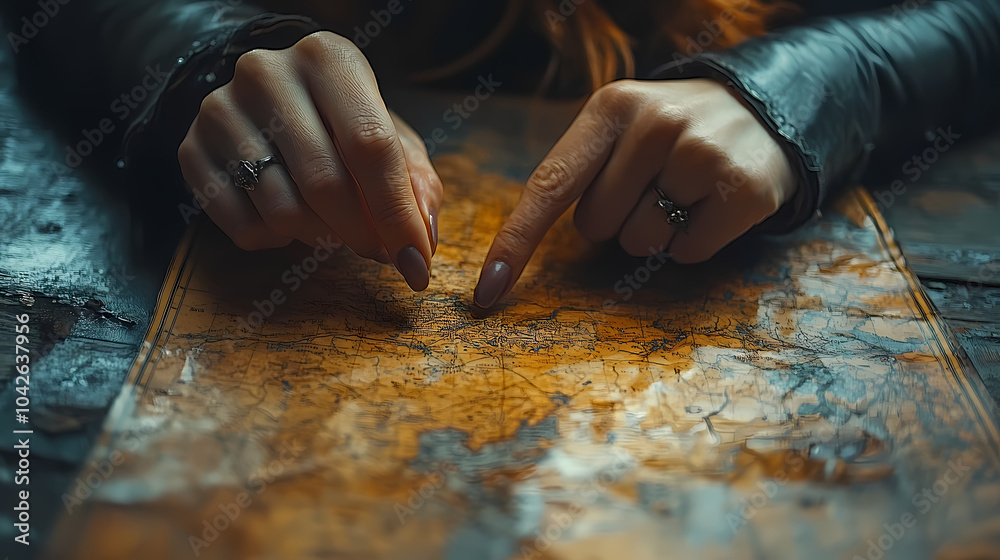 Close up of a woman's hand pointing a place on a map Close up of a woman's hand pointing a place on a map